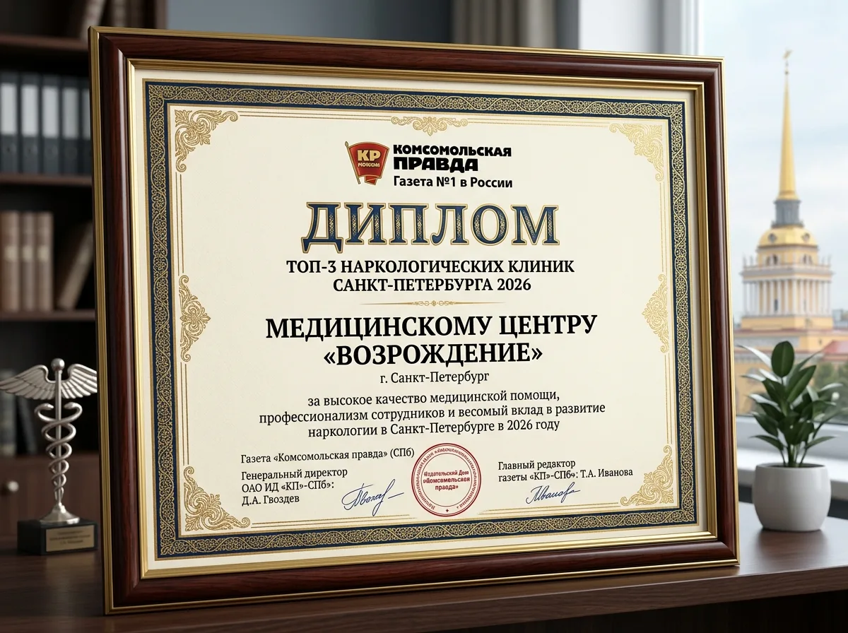 Диплом ТОП-3 наркологических клиник Санкт-Петербурга от газеты Комсомольская правда 2026 год